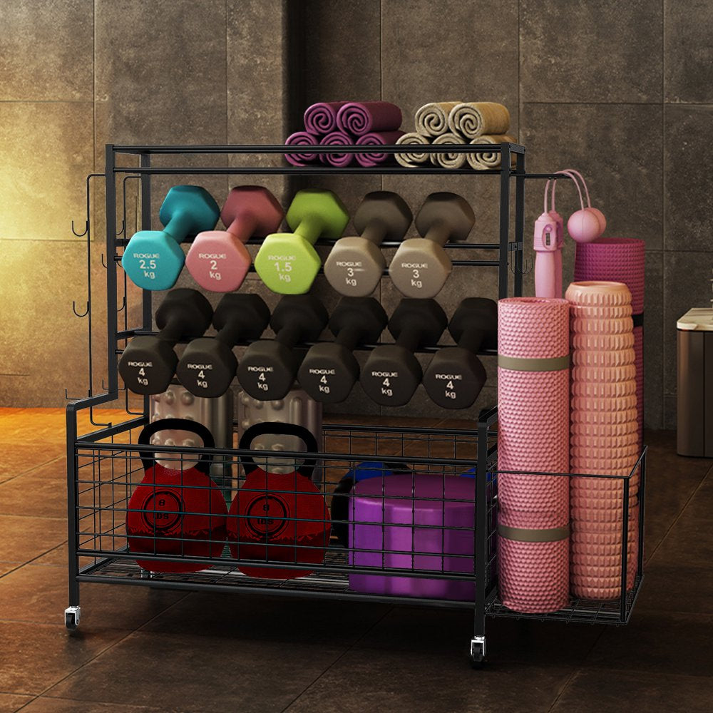 Dumbbell Rack, Balls Workout Equipment Storage Organizer Yoga Mat with Hooks and Wheels
